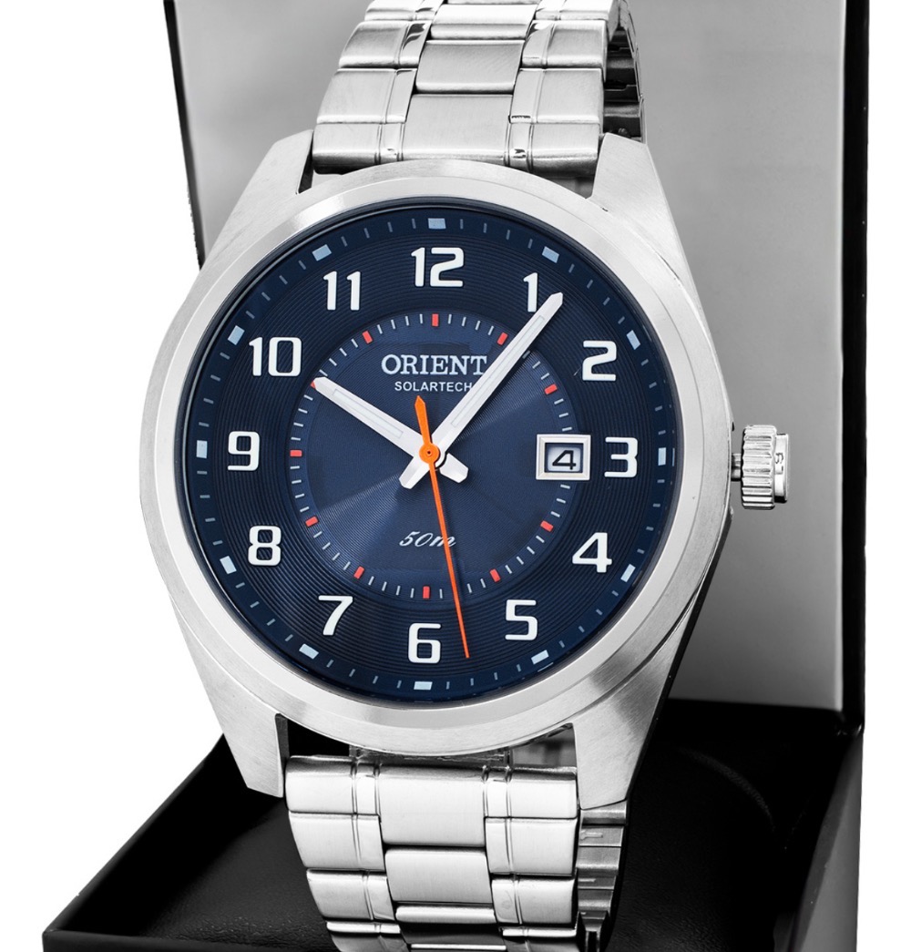 Relógio Orient Solartech Azul Pulseira Aço Correia Prateada