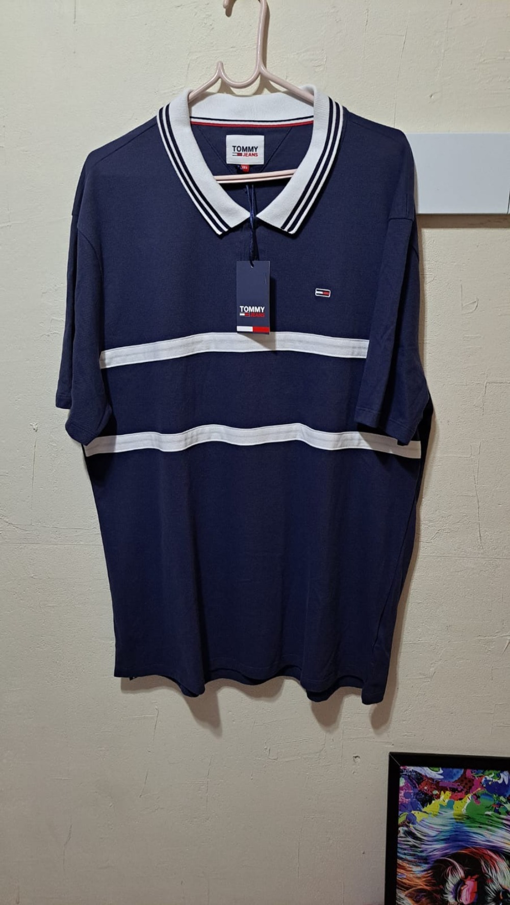 Camisa Polo Tommy Jeans Listras Piquet Navy White Logo Bordado Extra Grande