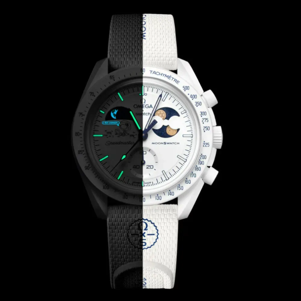 Omega x Swatch Relógio Mission To Earthphase Moonshine Snoopy Gold