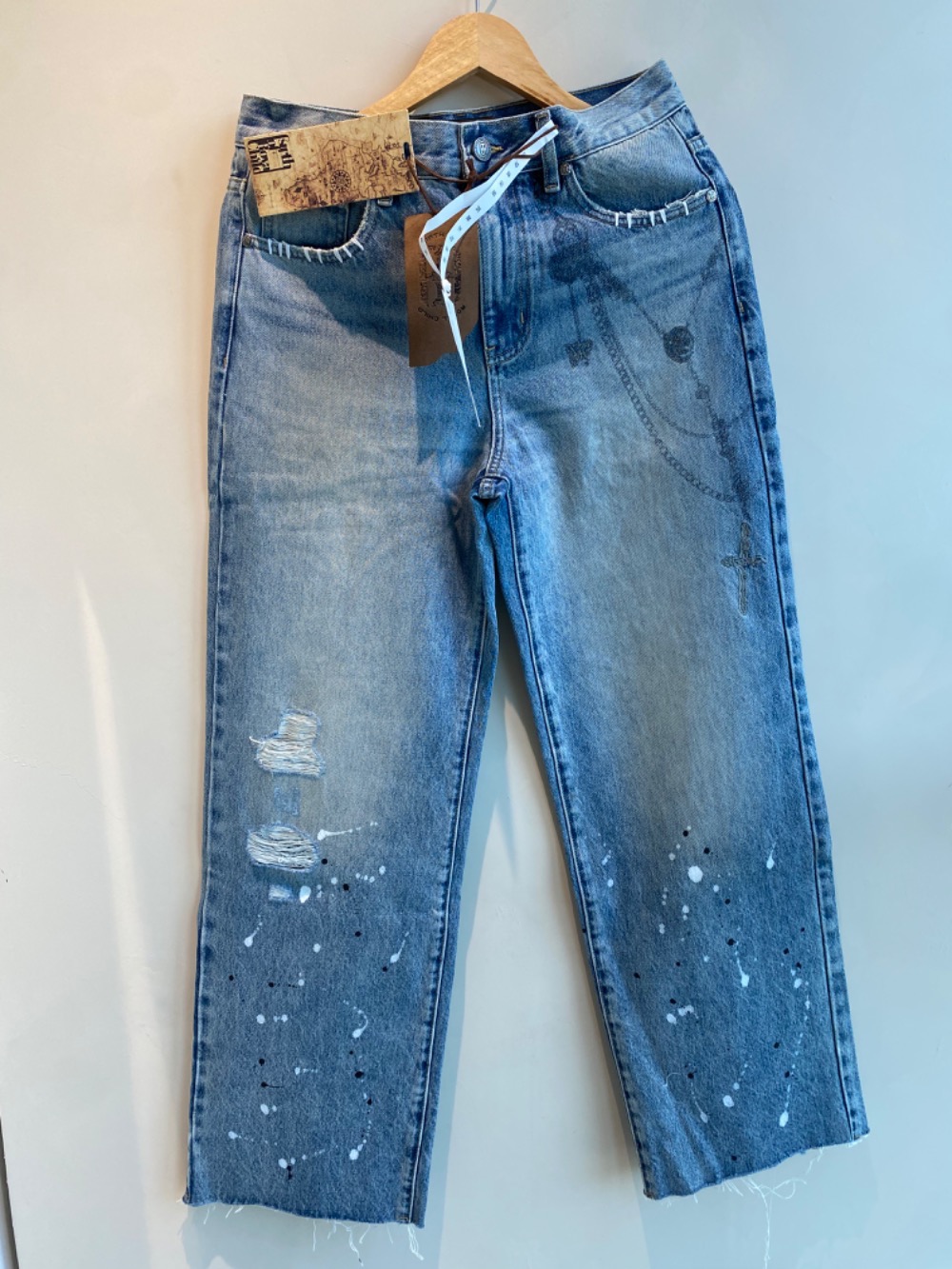 Birth Of Royal Child Calça Ink Print Detailes Patch Blue Jeans
