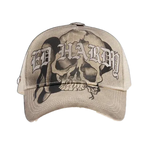 Boné Ed Hardy Gothic Skull Graphic 5 Panel Trucker Ecru - Droper