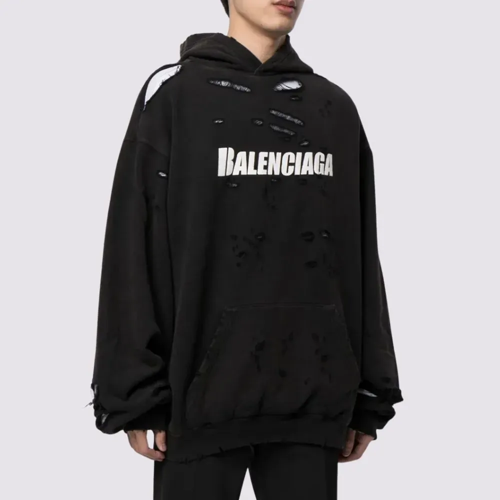 トップス Balenciaga Black Ripped Hoodie 2021 Moletom Balenciaga Ripped Oversize Logo Black - Droper