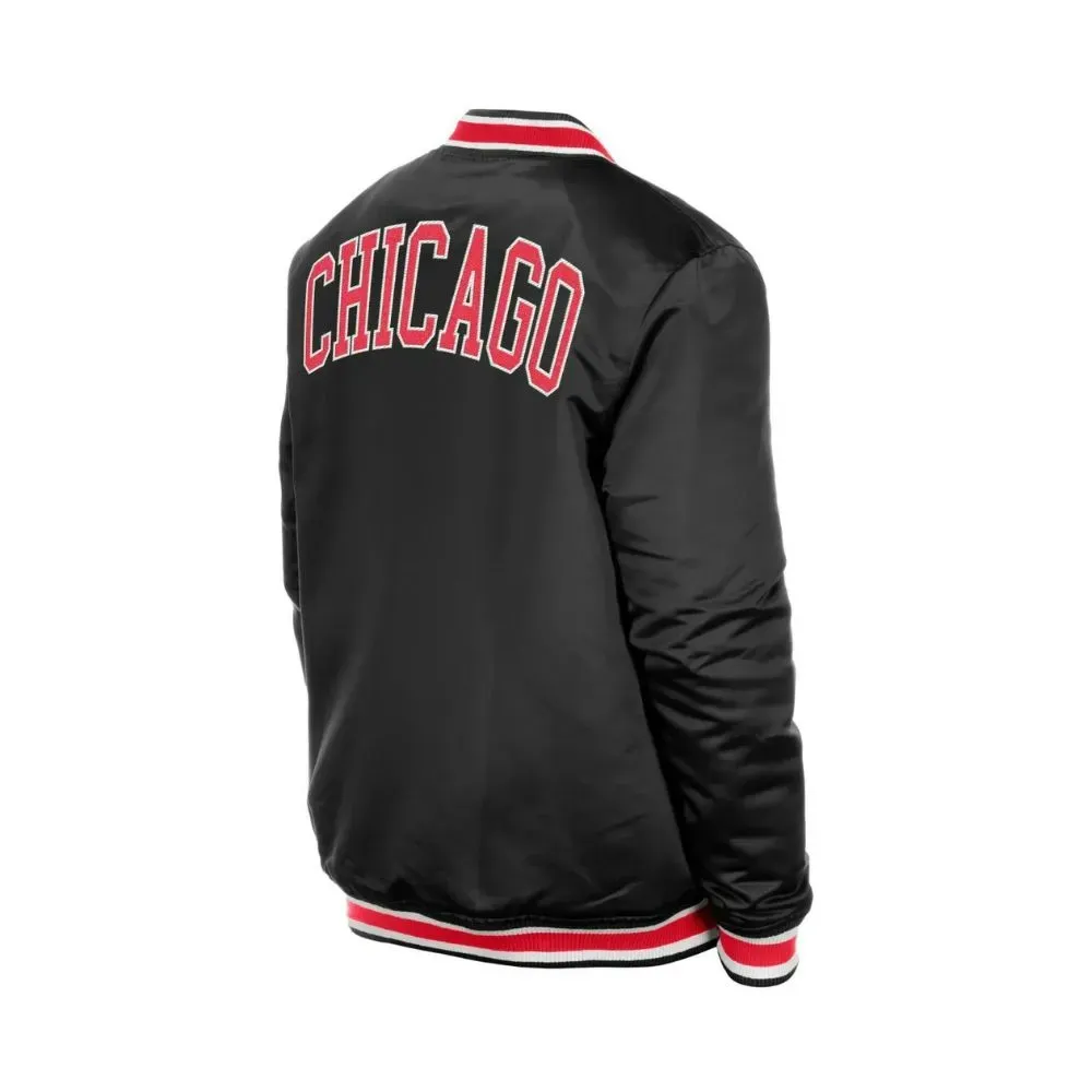 Jaqueta New Era Varsity Satin Chicago Bulls College Black Red - Droper