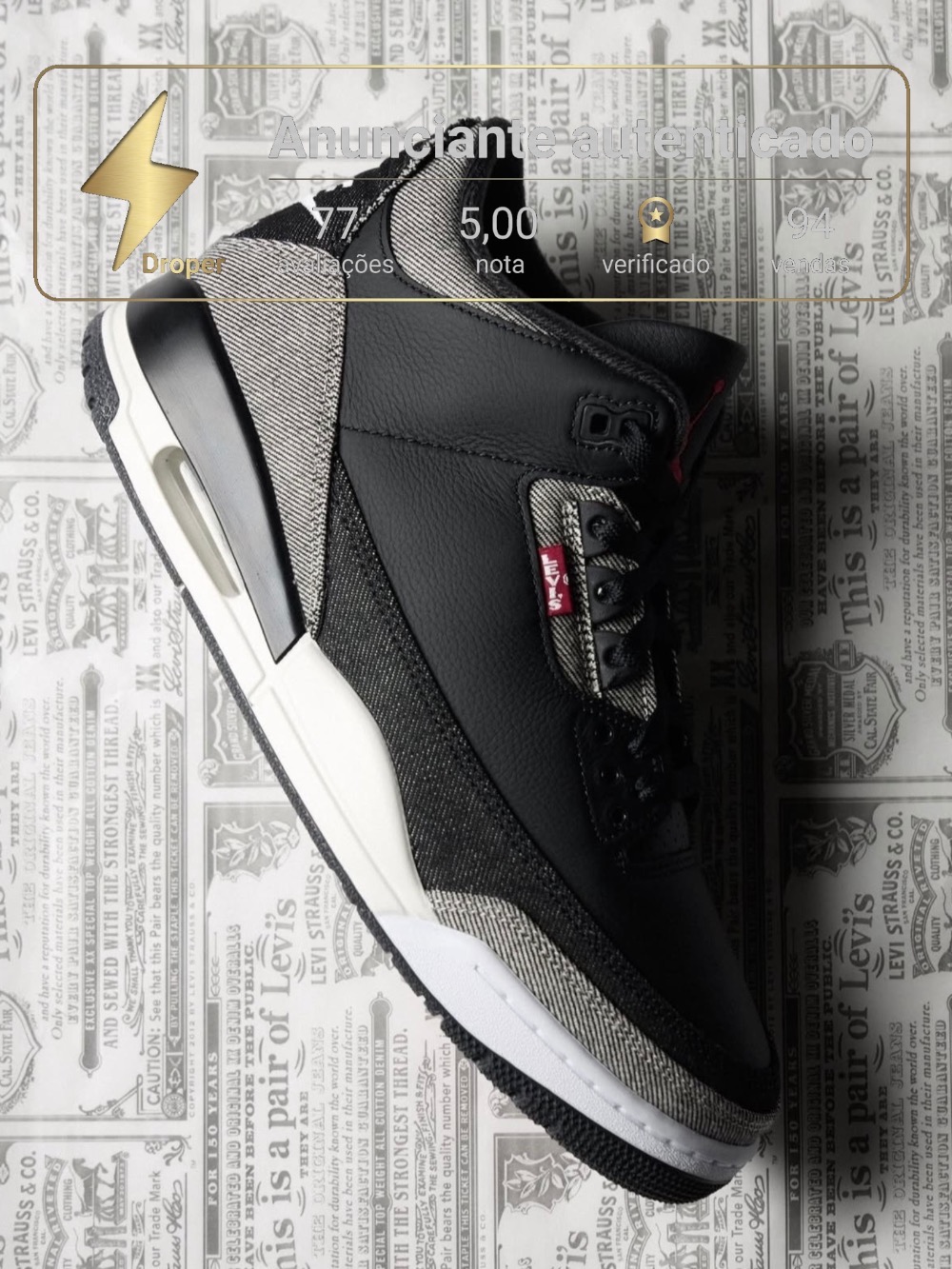 Levi's x Air Jordan 3 Black White — 39.5, Novo