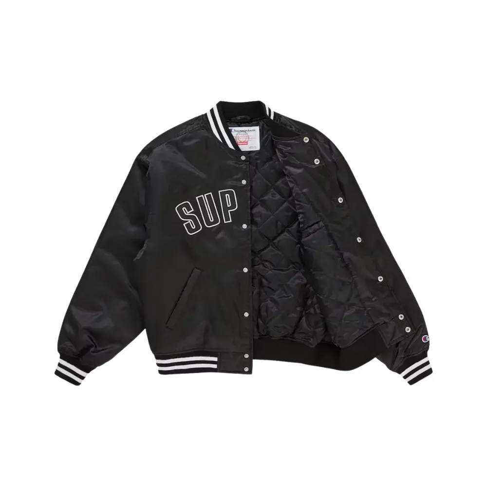 Champion x Supreme Jaqueta Satin Varsity Black SS26-W8 - Droper