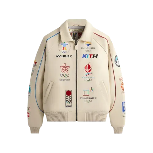 KITH アイボリー ジャケット Avirex x Kith Jaqueta Olympics Heritage Leather Bomber Cream - Droper