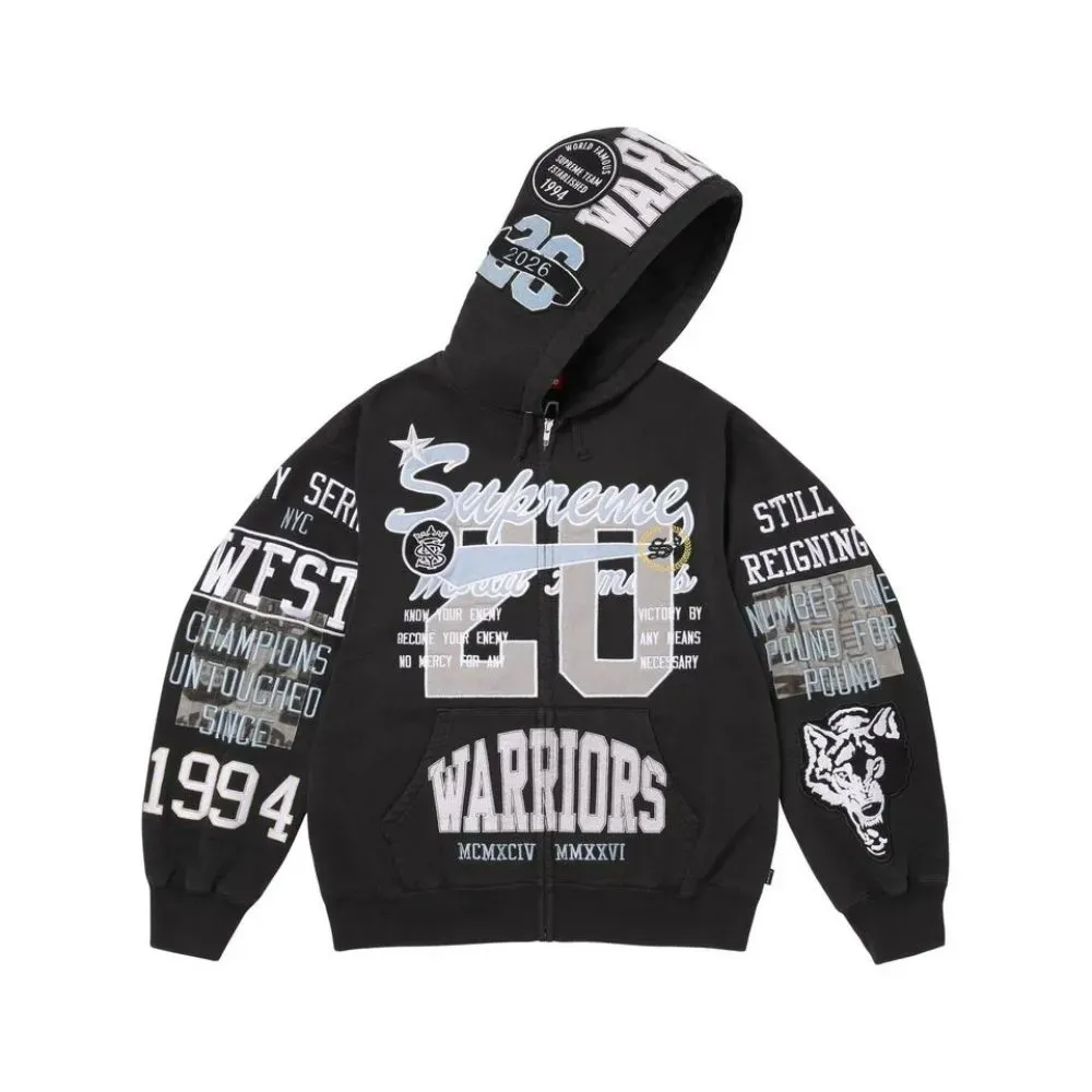 Supreme バスケットボールスタジャン M Jaqueta Supreme Warriors Appliqué Zip Up Hooded Black SS26-W11
