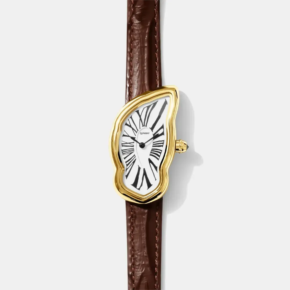 Relógio Laphont Melting Watch Large Gold Case Gold Strap Brown