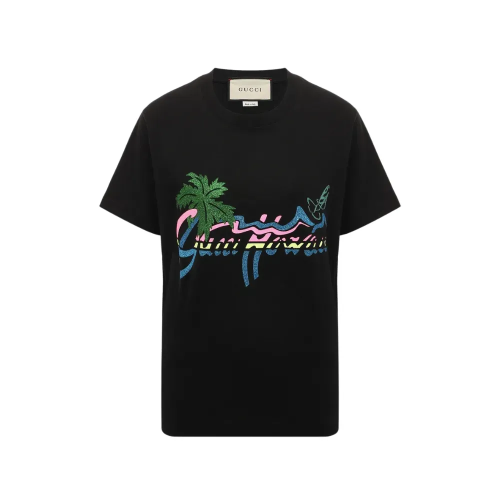 【極美品】GUCCI ノースリーブ ハワイ グリッターロゴプリント XS Camiseta Gucci Hawaii Black - Droper