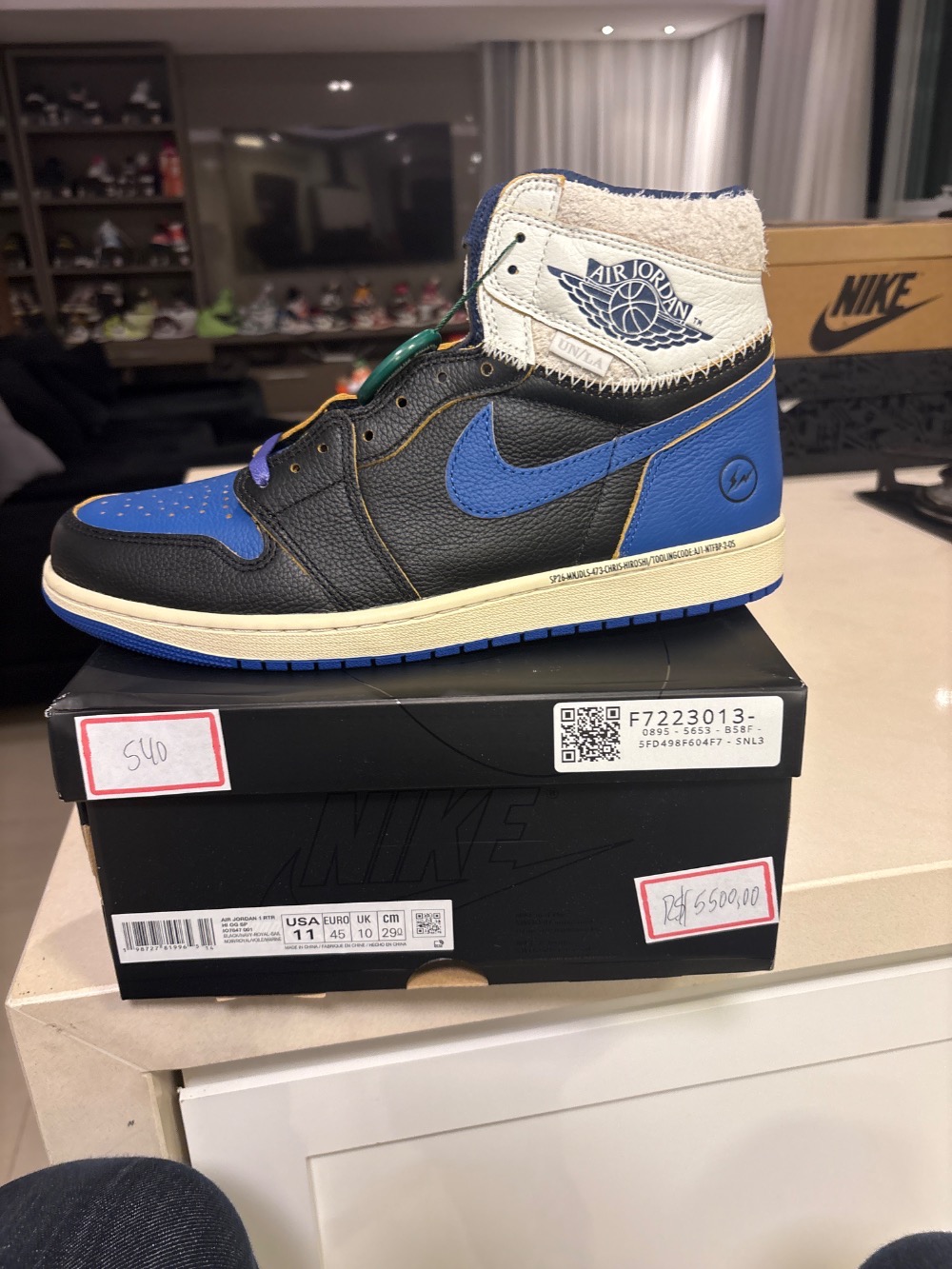 Union LA x Fragment x Air Jordan 1 Retro High Sport Royal — 43, Novo
