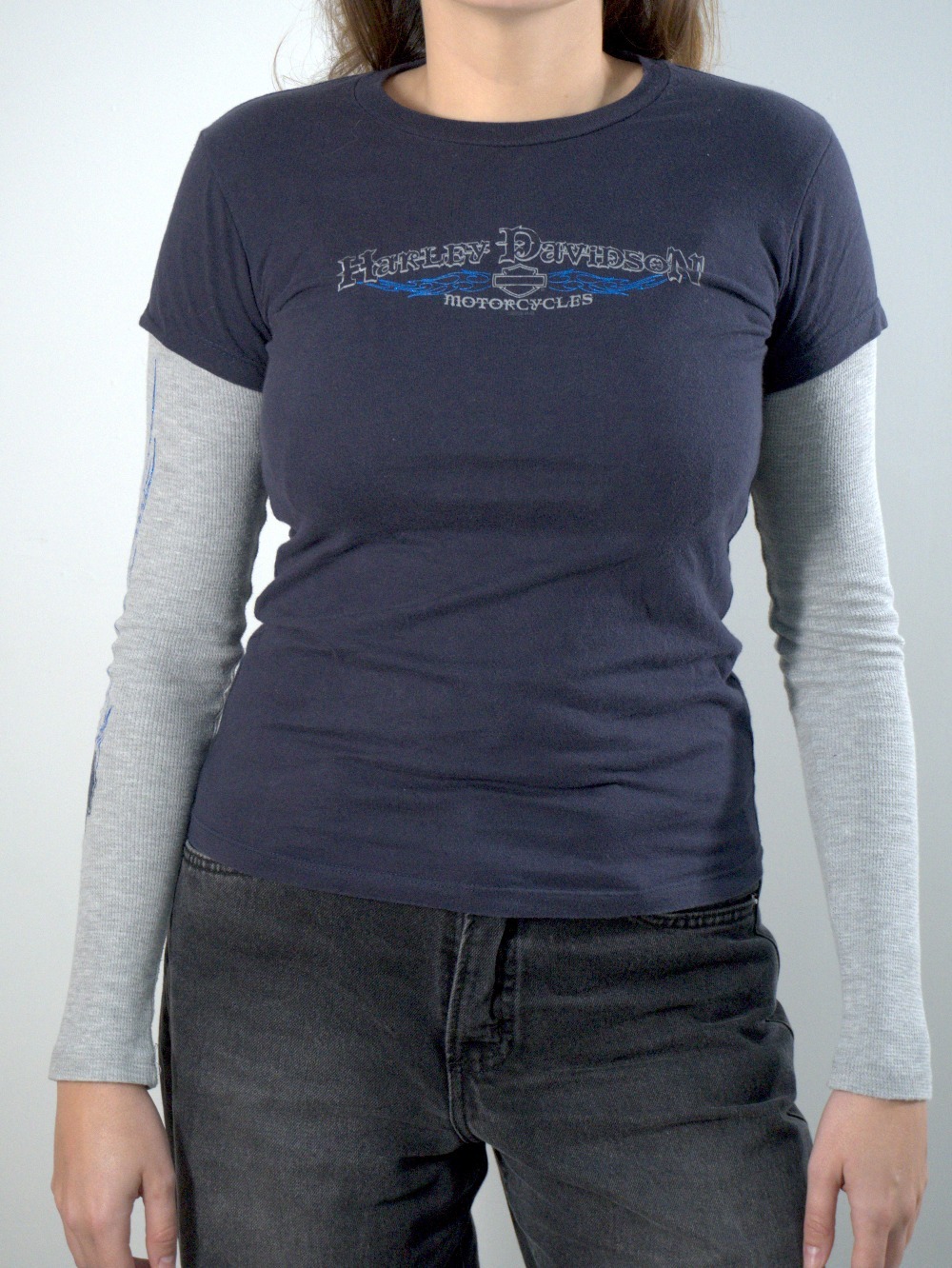 blusa harley davidson original manga longa azul e cinza