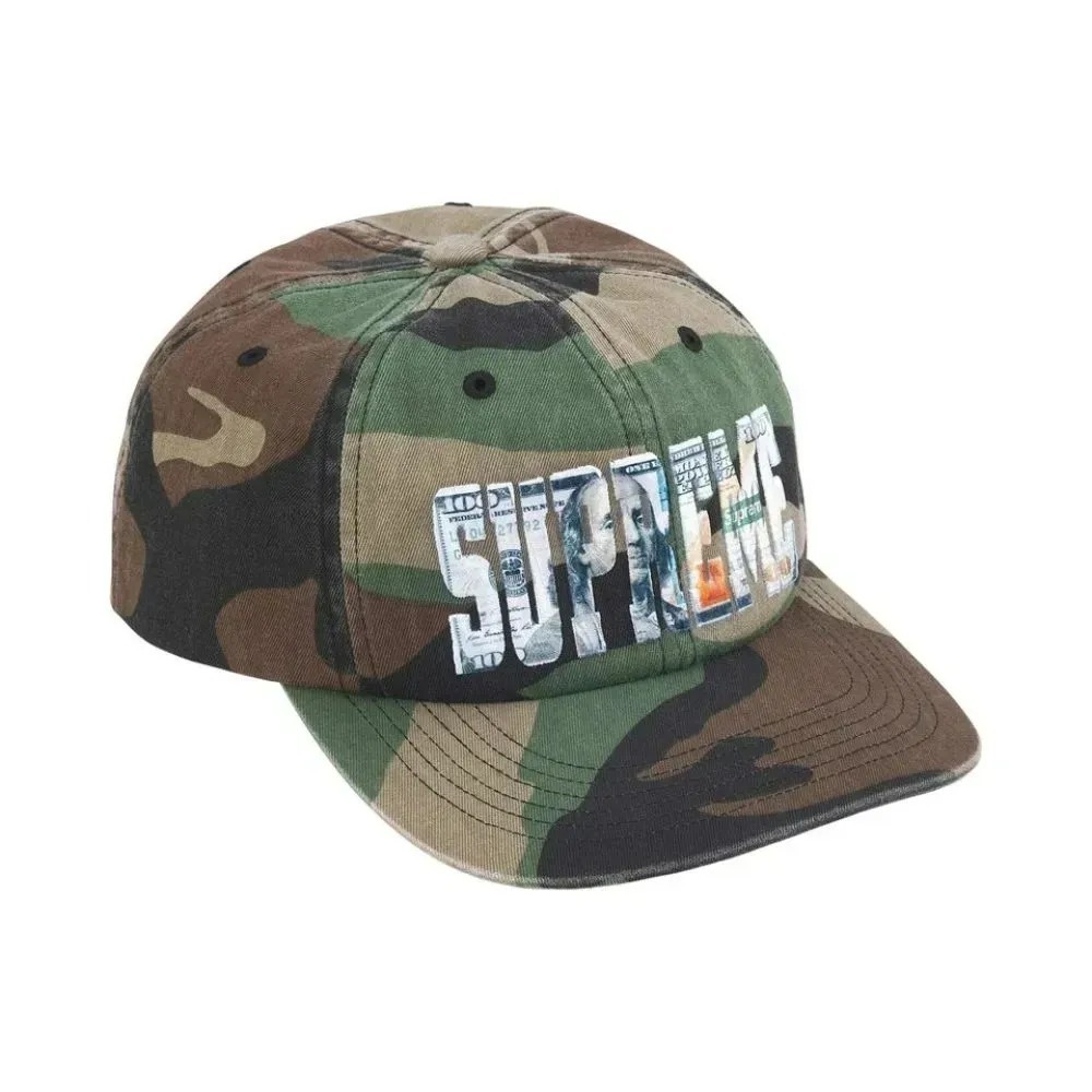 Boné Supreme Embroidered Money Logo 6-Panel Woodland Camo SS26-W1 — Único, Novo