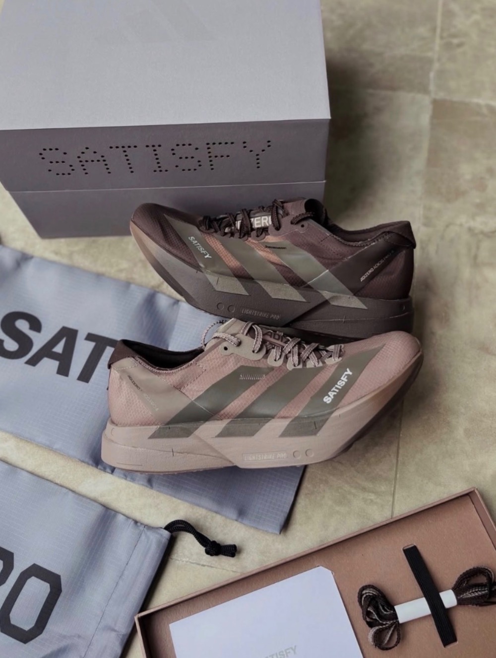 Satisfy x adidas Adizero Adios Pro 4 Brown Aurora Coffee Met.