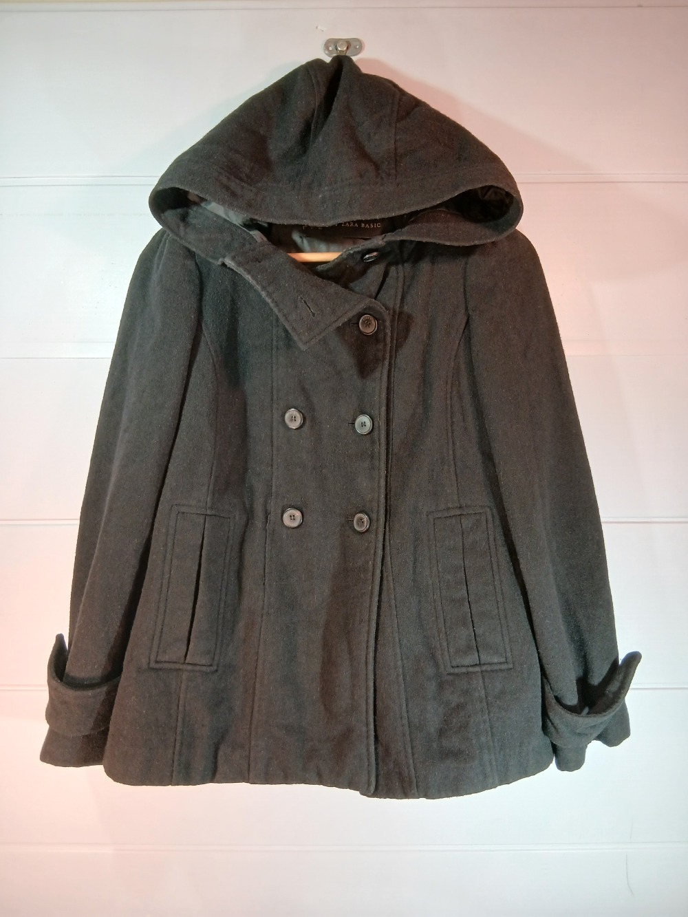 Casaco de lã com capuz linha Zara vintage Basic, mod. pea coat tam. s/P