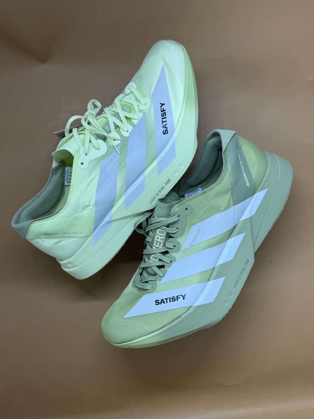 Satisfy x adidas Adizero Adios Pro 4 Tent Green Matte Silver Magic Lime