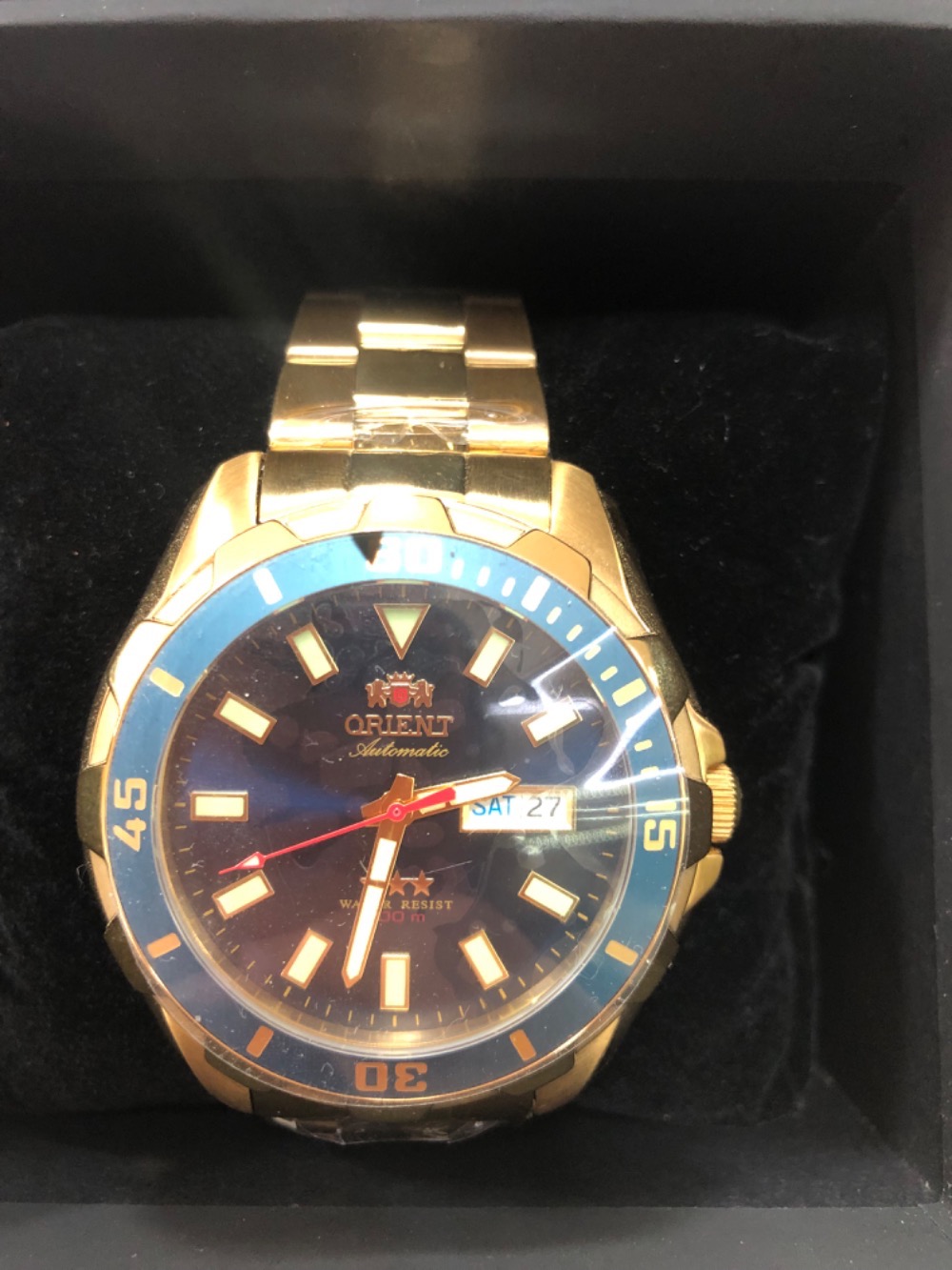 Relógio Orient automático Gold fundo azul