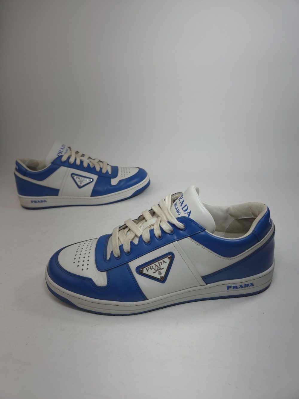 Prada Downtown Leather Sneakers White Cobalt Blue azul