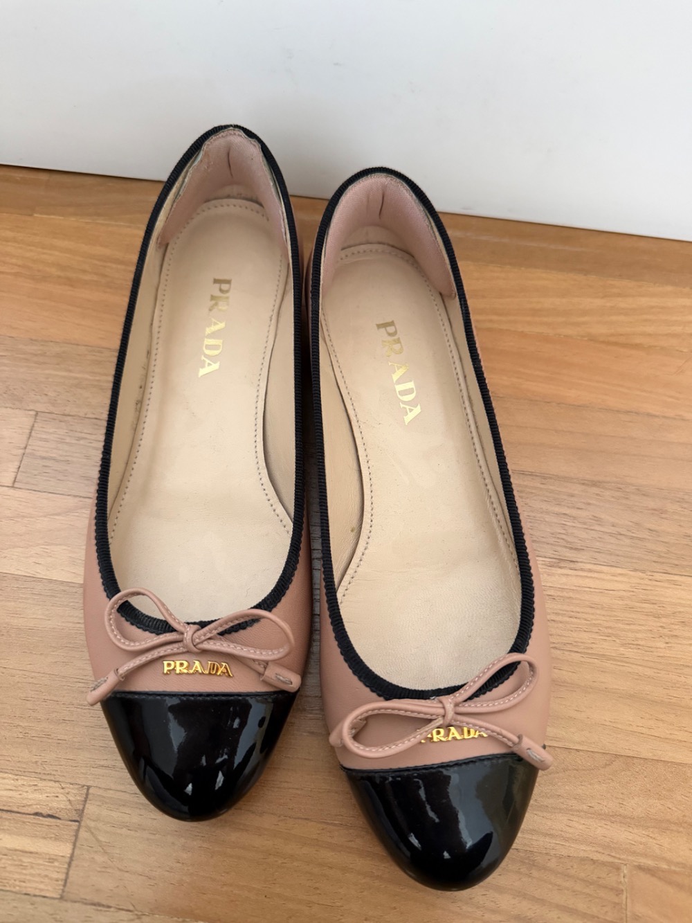 Prada Leather and Patent Leather Ballerina Flats nude black