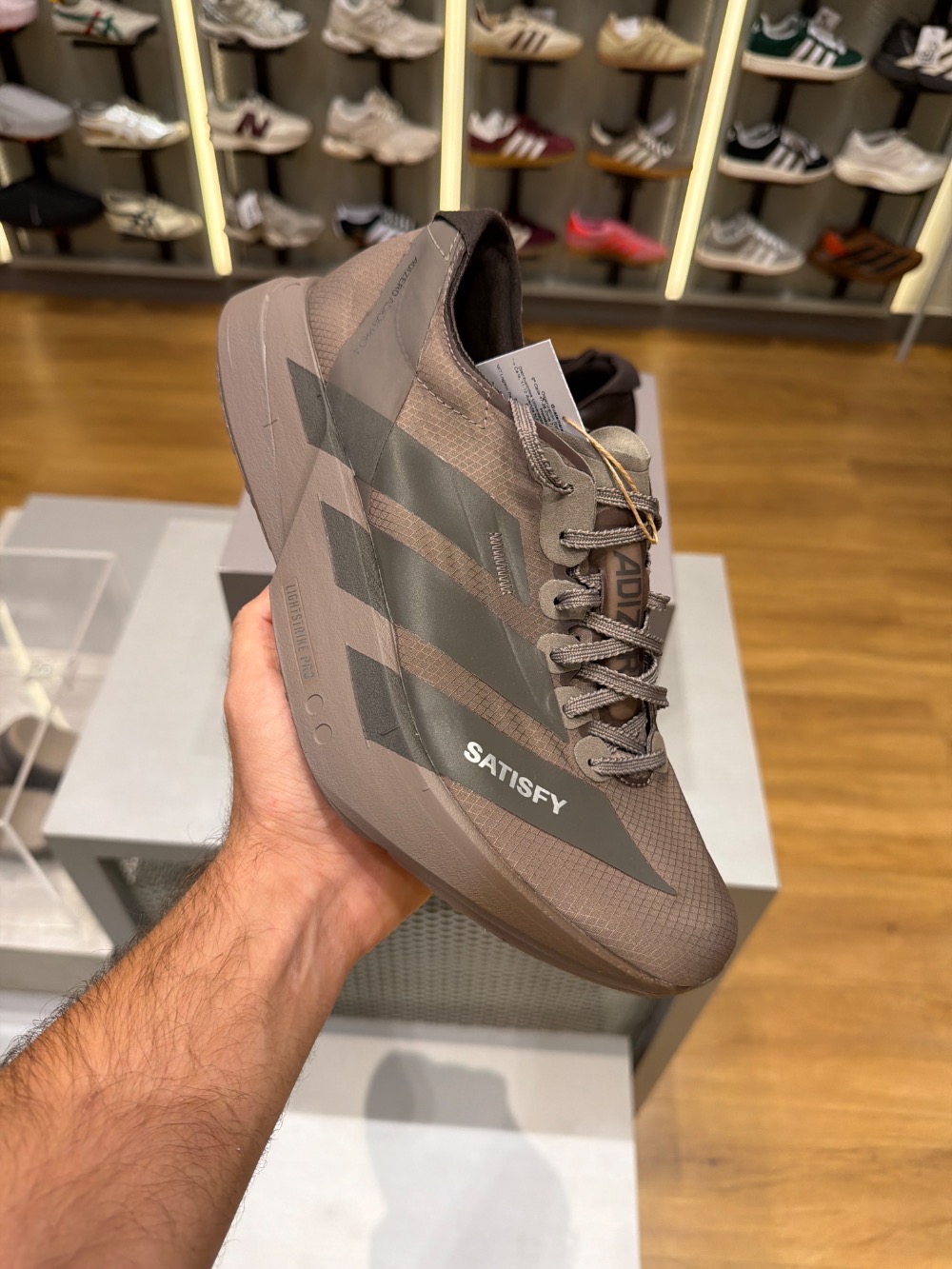 Satisfy x adidas Adizero Adios Pro 4 Brown Aurora Coffee Met.