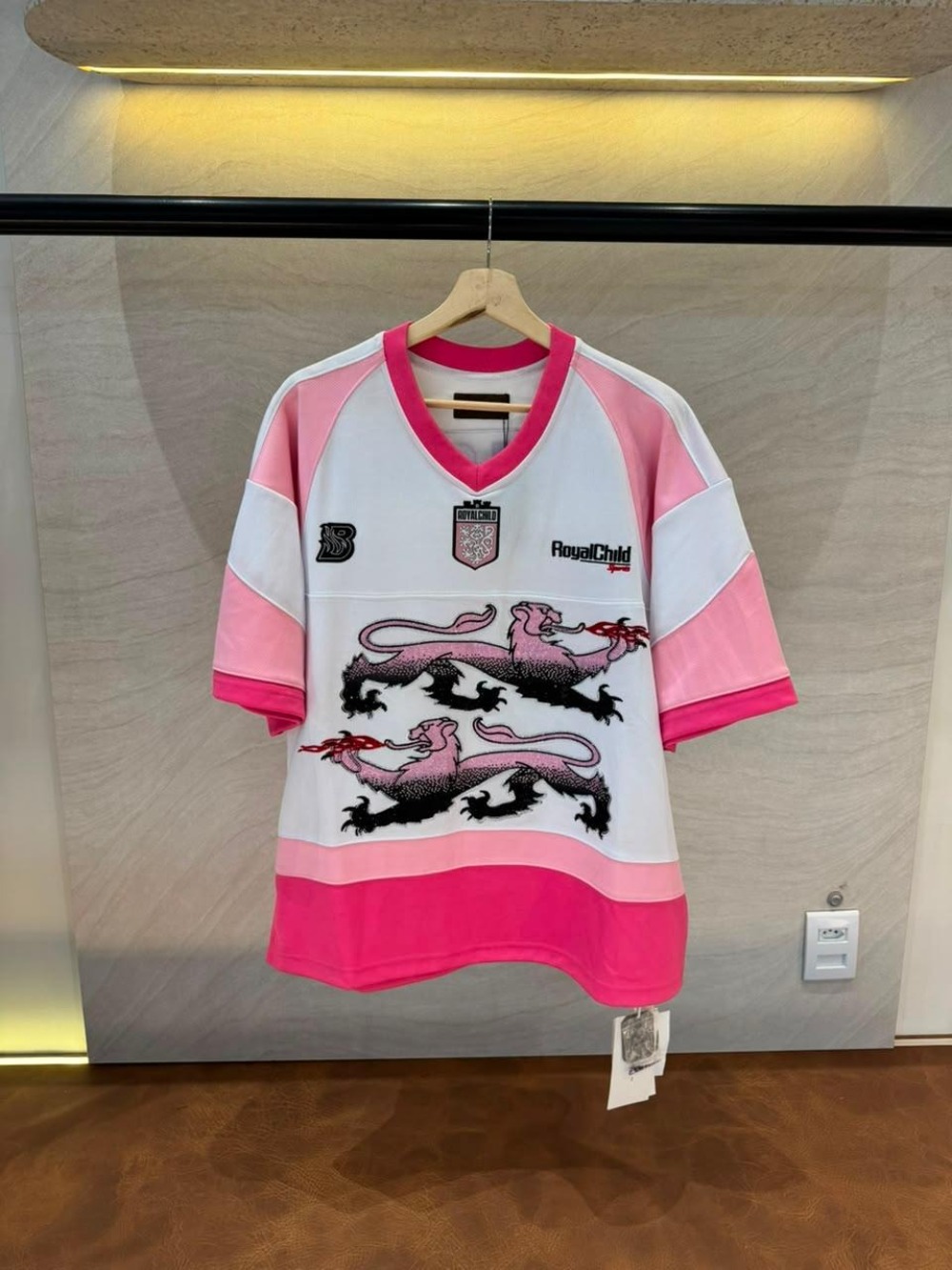 Camiseta Birth Of Royal Child Double Lion Rhinestone Jersey Pink