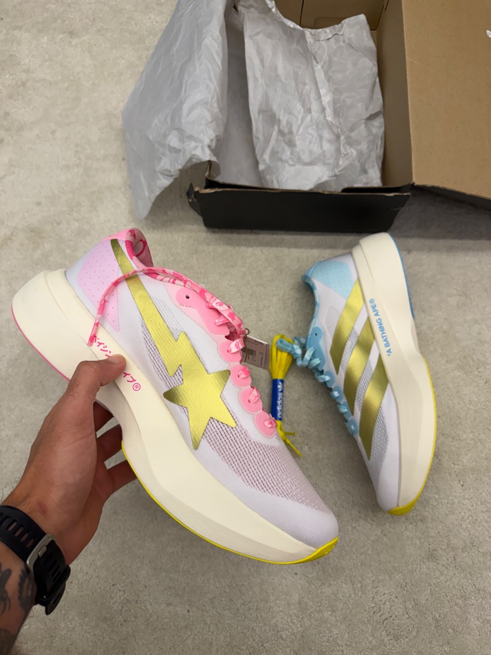BAPE x adidas Adizero EVO SL Cloud White Gold Metallic Off White