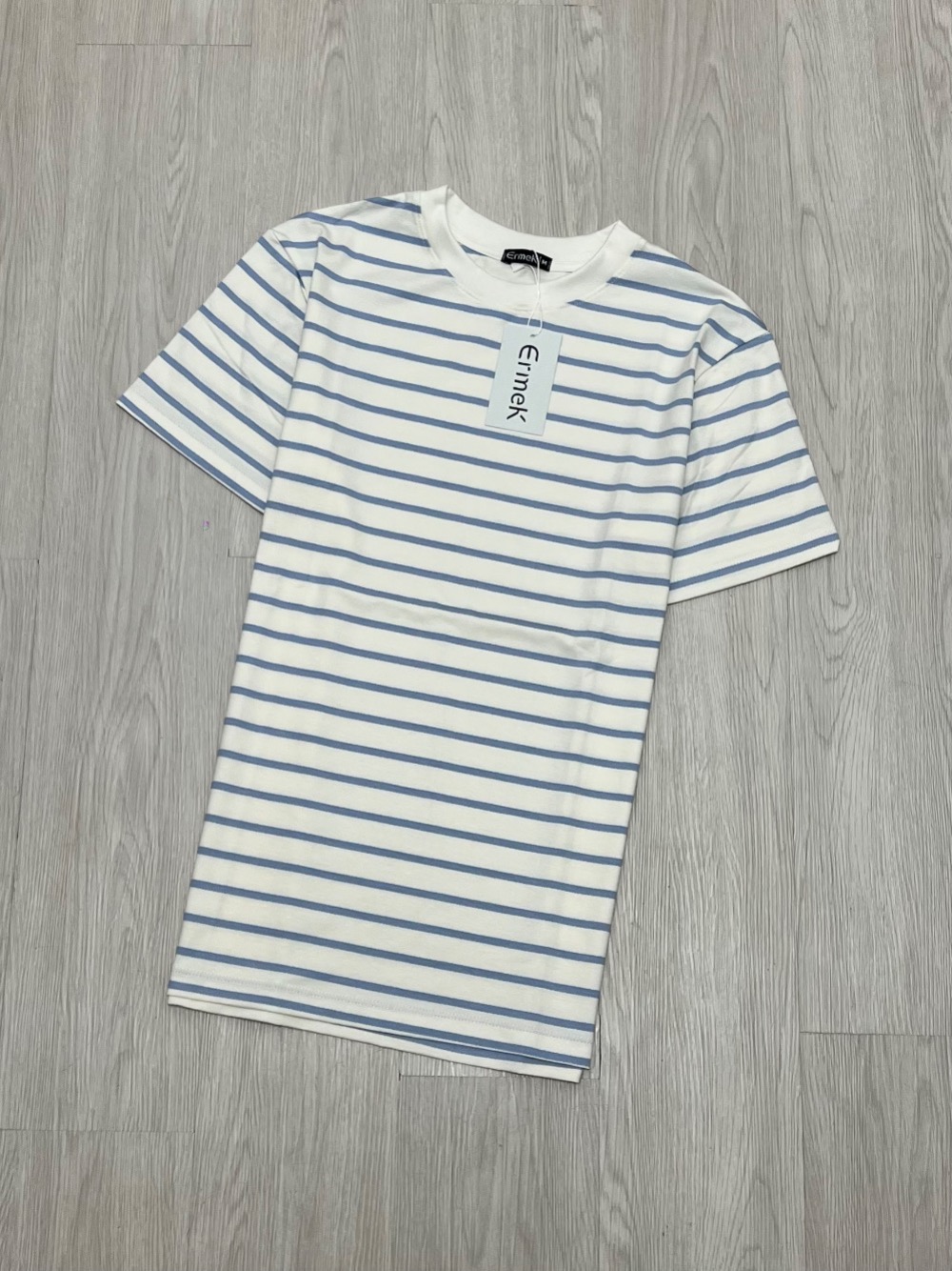 Camiseta Ermek Label Listrada Slim Fit Off White Azul Bebê