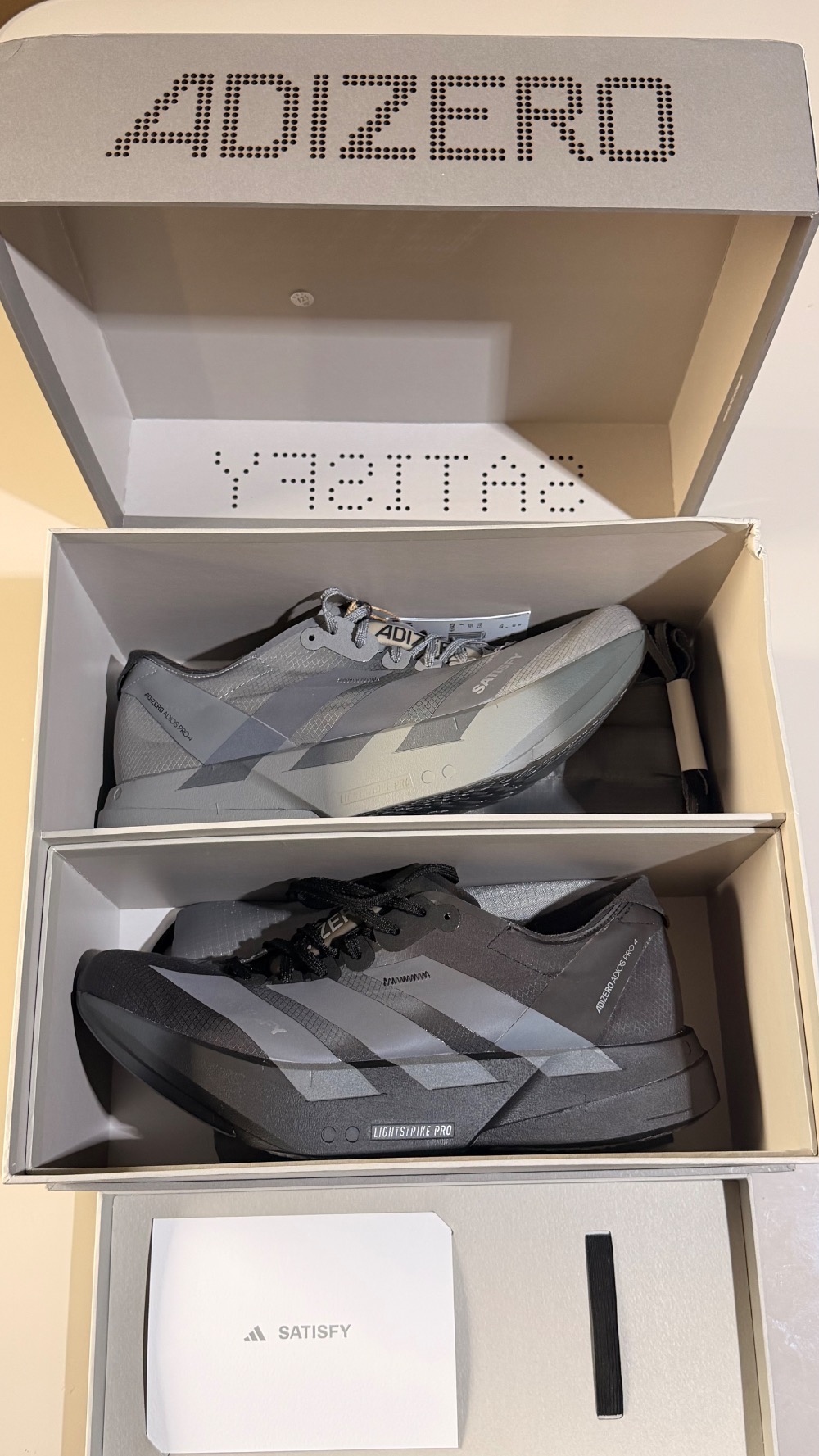 Satisfy x adidas Adizero Adios Pro 4 Core Black Grey Five Grey Three