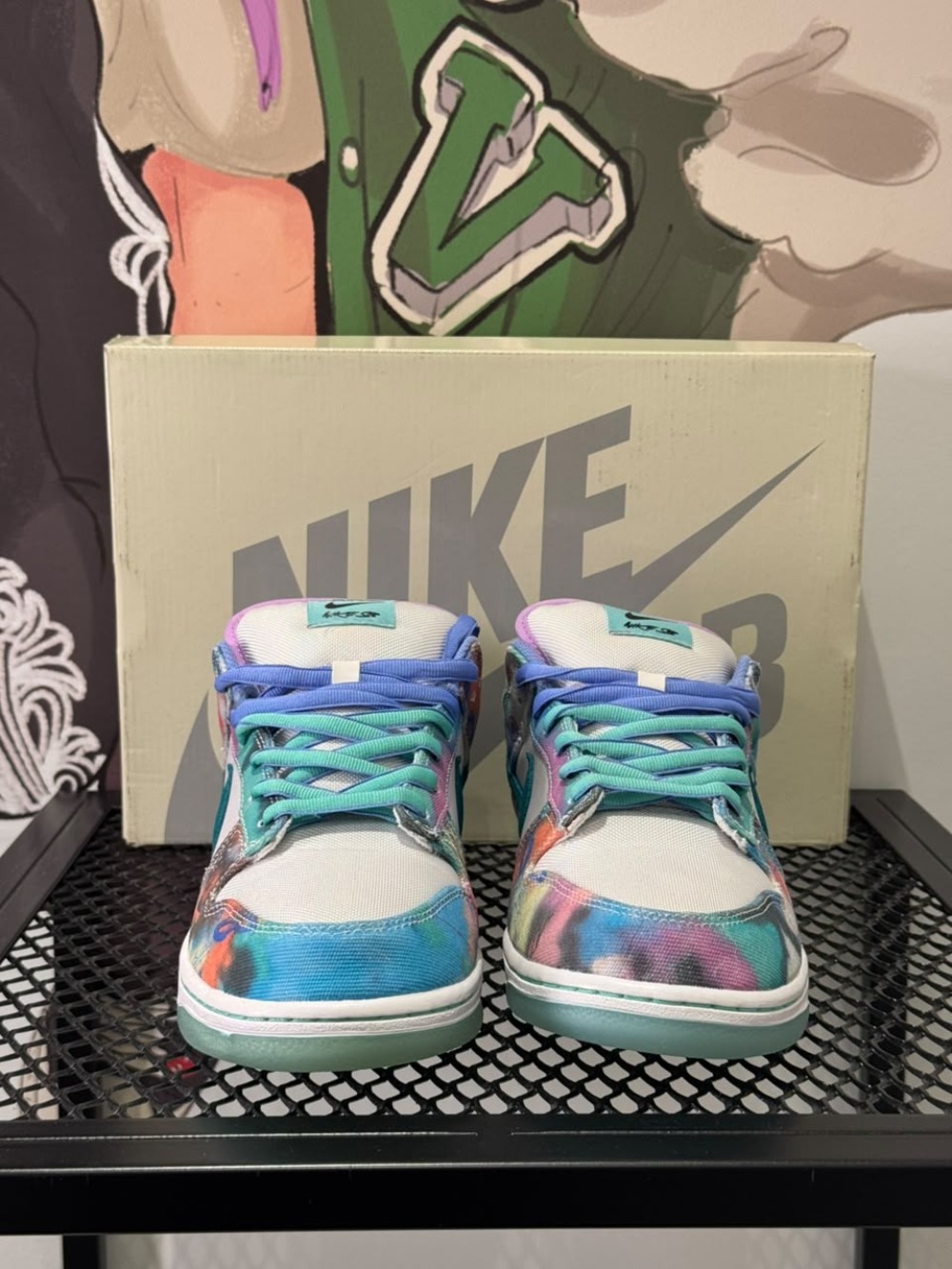 Futura Laboratories x Nike SB Dunk Low White and Geode Teal