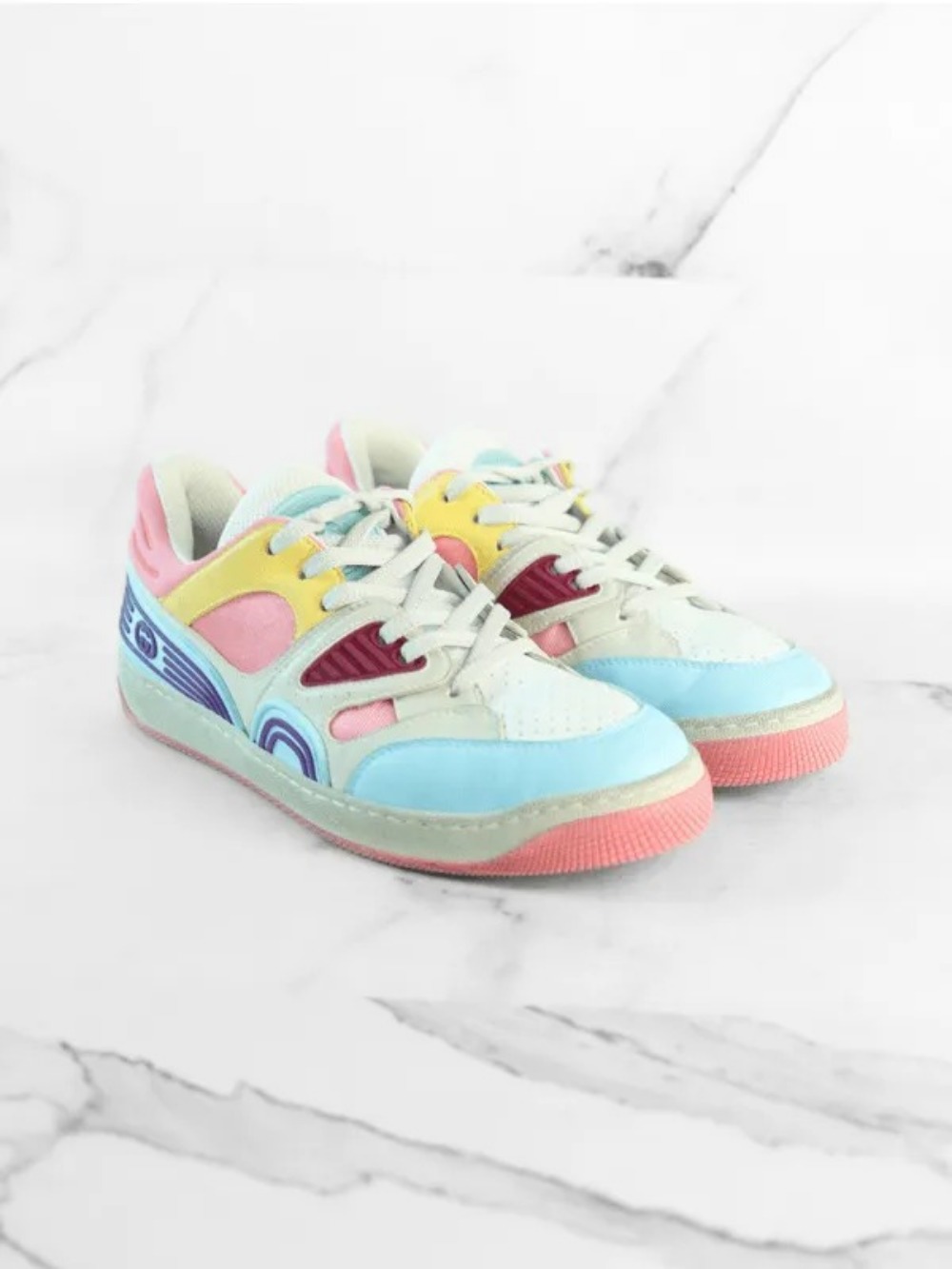 Tênis Gucci Basket Creme/Rosa/Azul/Amarelo
