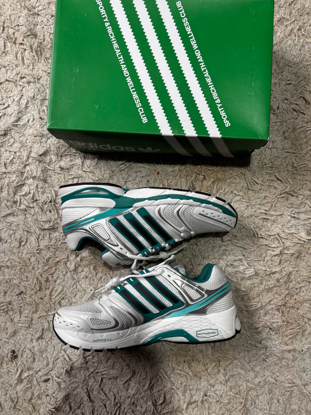 Sporty & Rich x adidas Adistar Control 5 Cloud White Carbon Pure Teal